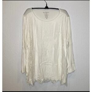 Chico’s White Stretchy Knit Long Sleeve Blouse w/ Lace Top Layer EUC Sz 16 Rayon